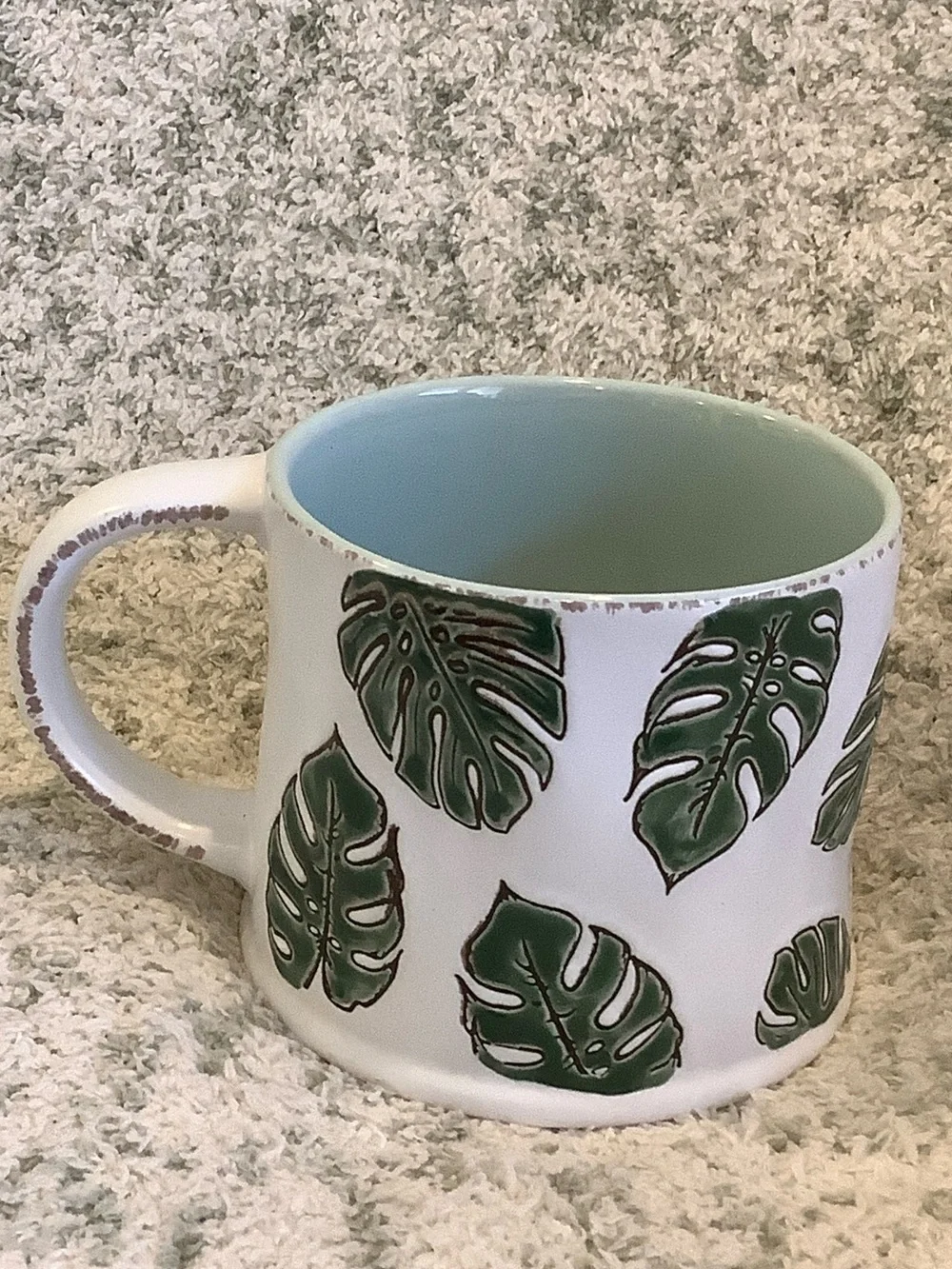 White Tropical Ceramic Mug with Green Monstera Leaf  RS 16oz.